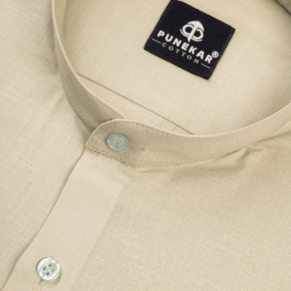 Ivory Color Band Collar Solid Shirt For Men - Punekar Cotton