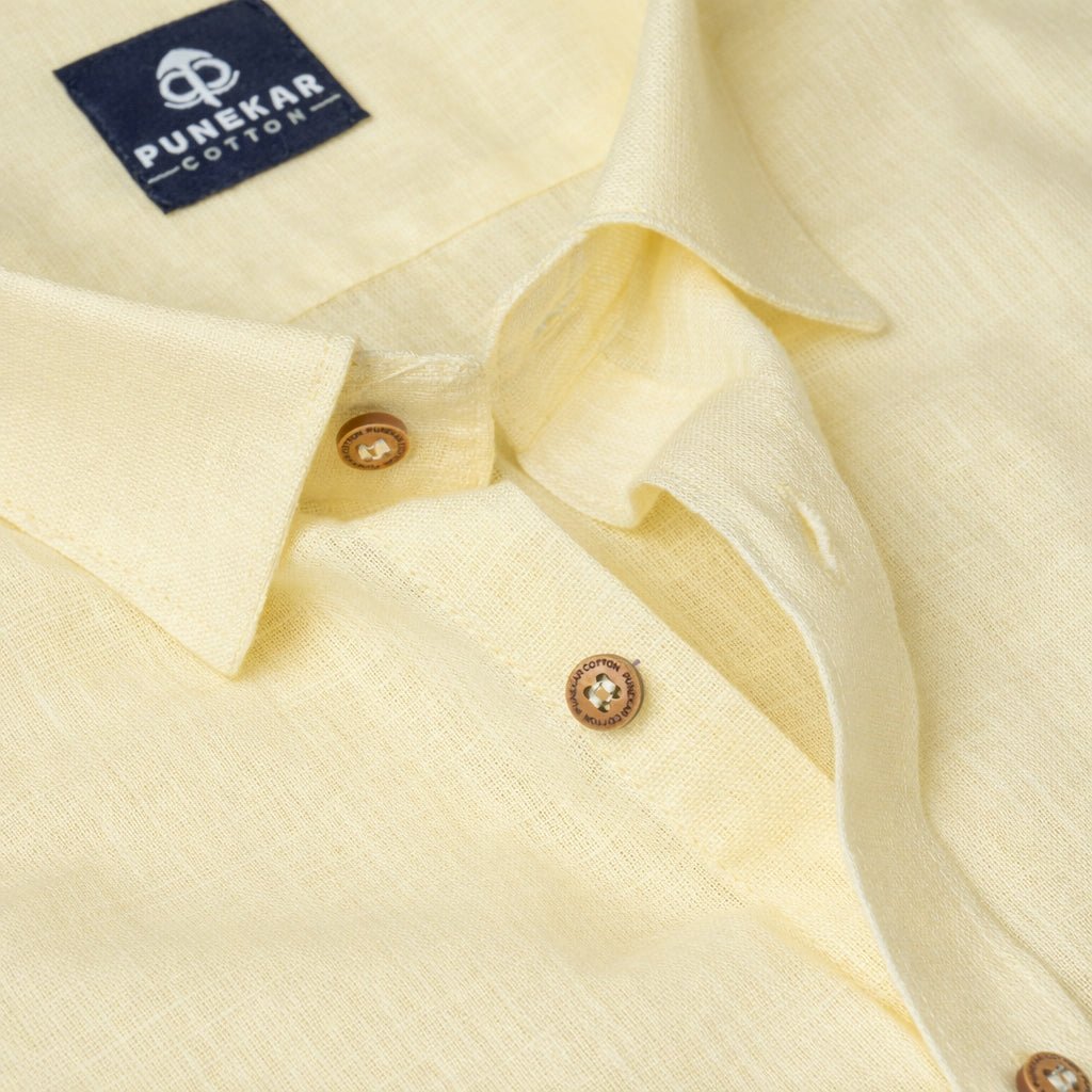 Lemon Cream Color Linen Formal Shirts For Men - Punekar Cotton