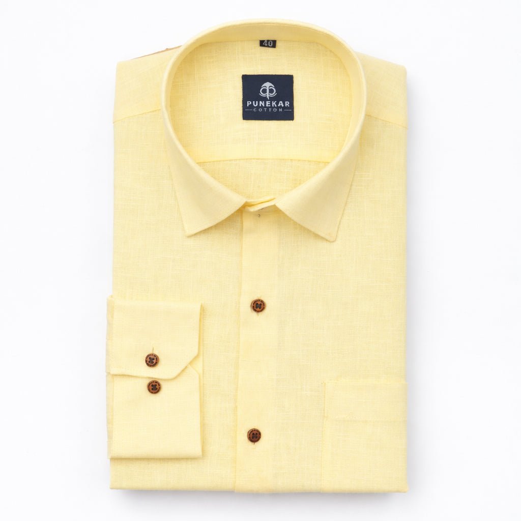 Lemon Cream Color Linen Formal Shirts For Men - Punekar Cotton