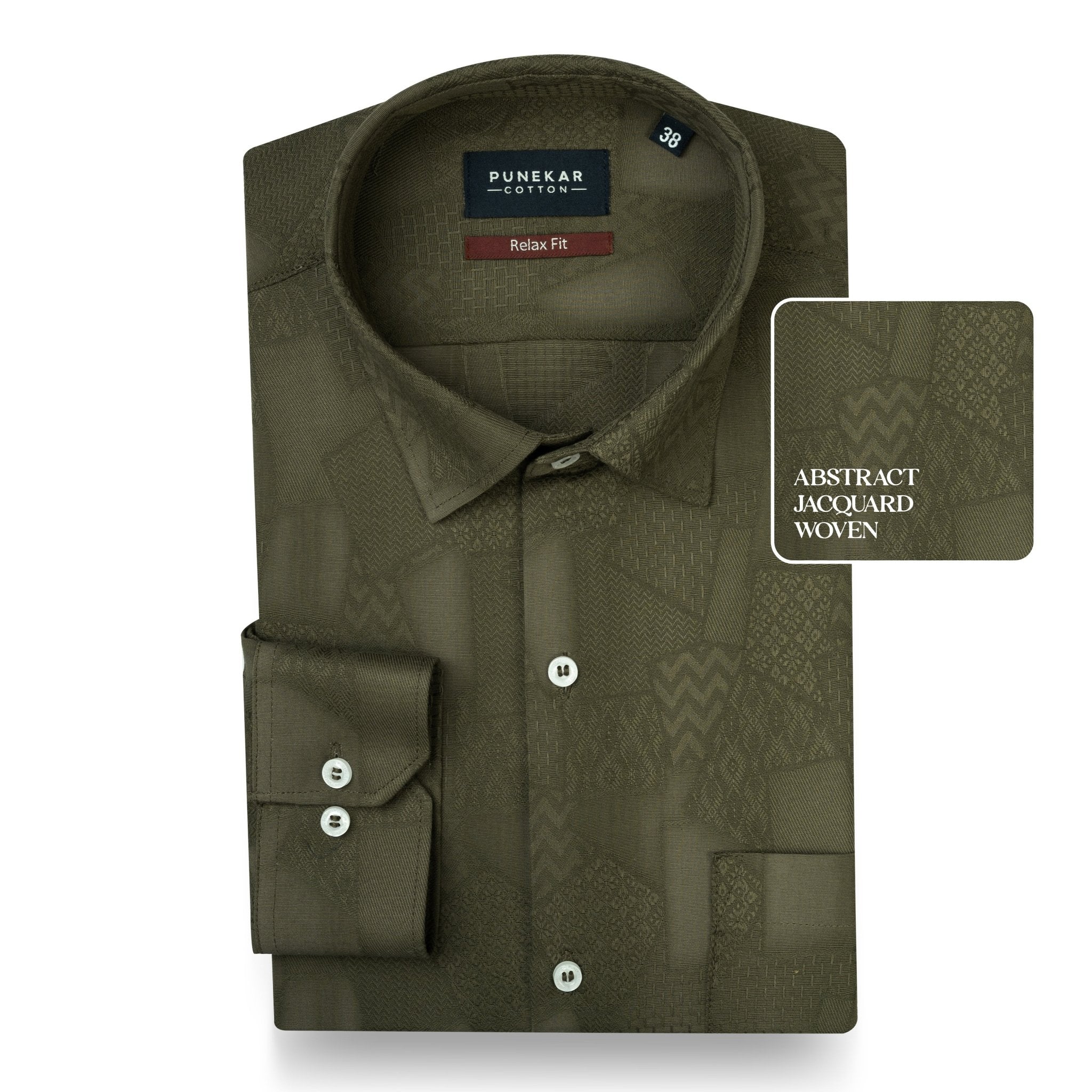 Mehndi Abstract Textured Jacquard Cotton Shirt for Men - Punekar Cotton
