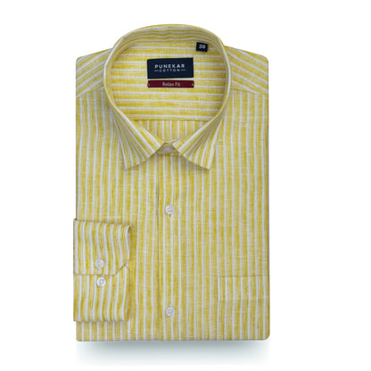 Mustard Yellow &amp; White Striped Blend Cotton Shirt for Men - Punekar Cotton