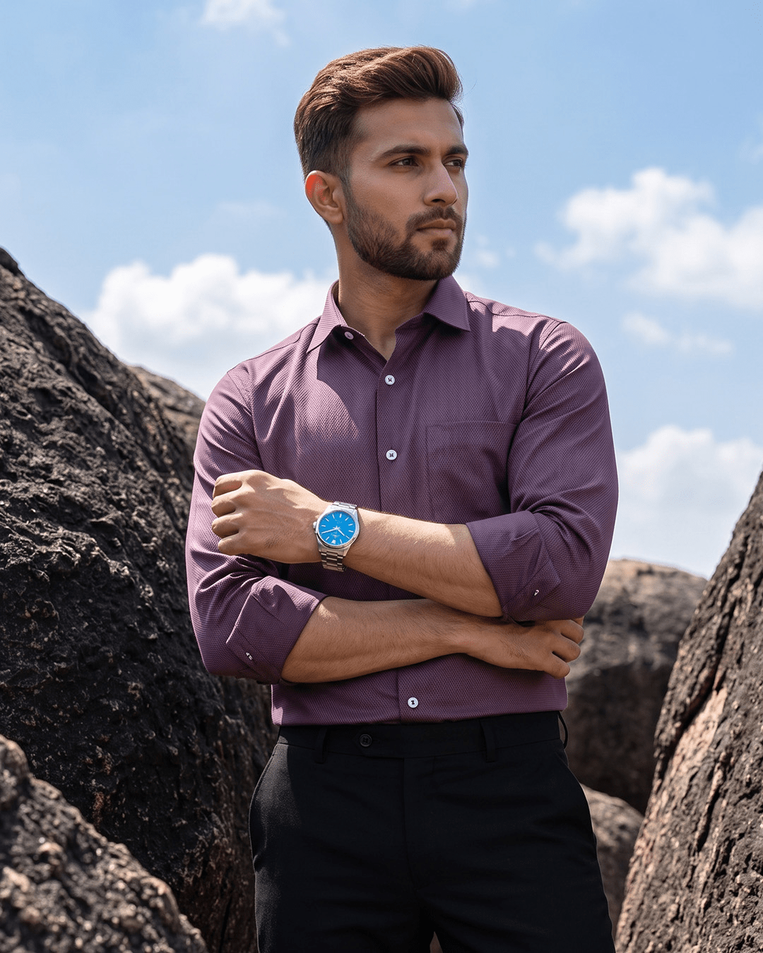 Plum MattMini Textured Cotton Tencel Shirt For Men - Punekar Cotton