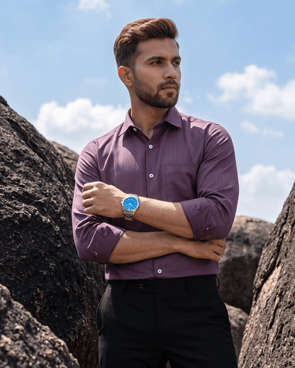 Plum MattMini Textured Cotton Tencel Shirt For Men - Punekar Cotton