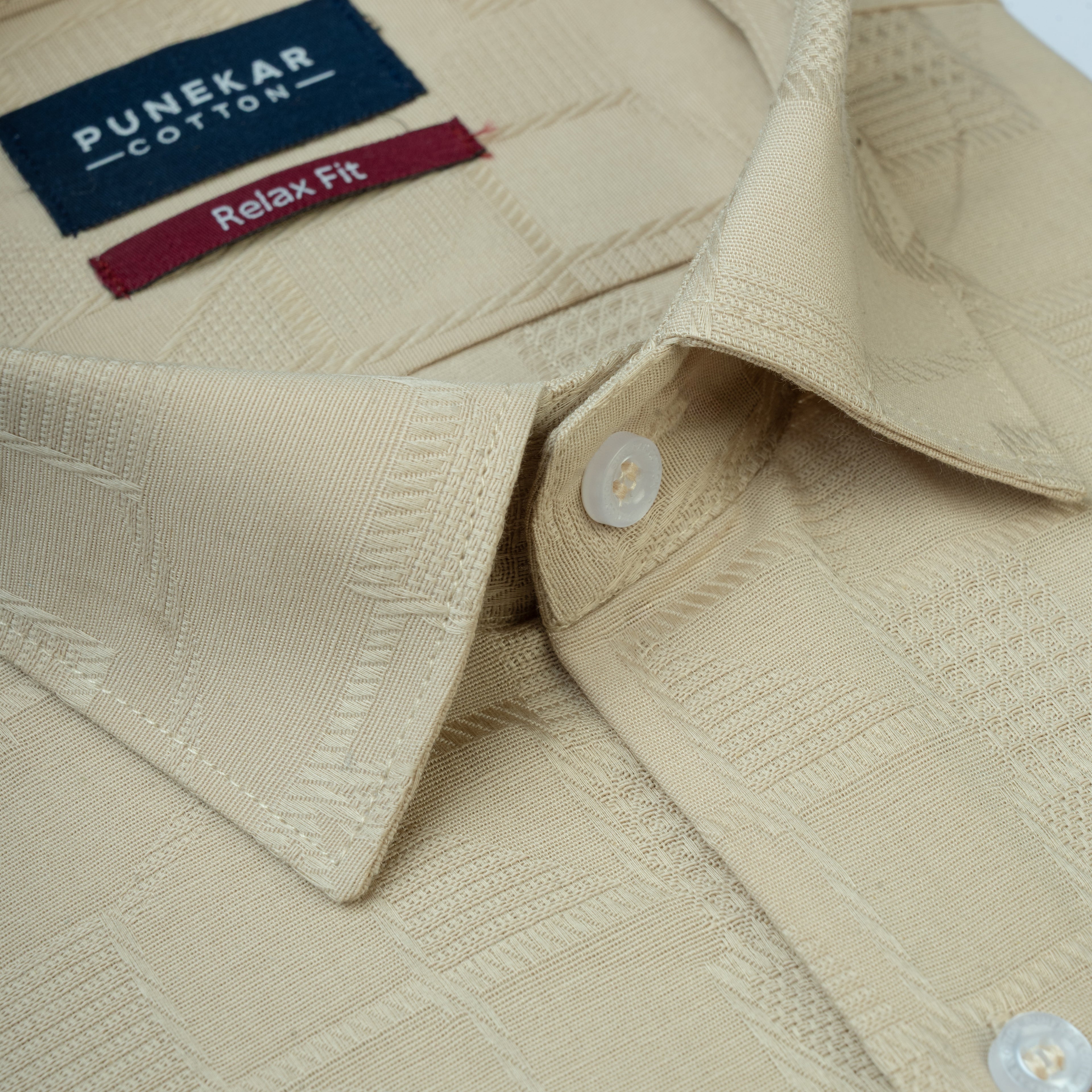 Cream Colour Geometric Jacquard Texture Shirt for Men