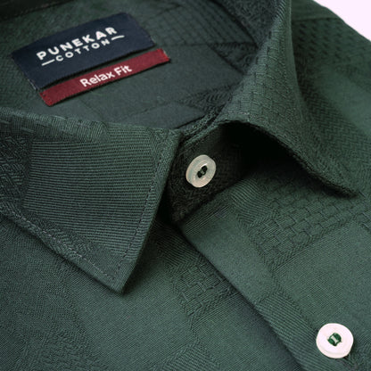 Bottle Green Abstract Textured Jacquard Cotton Shirt for Men