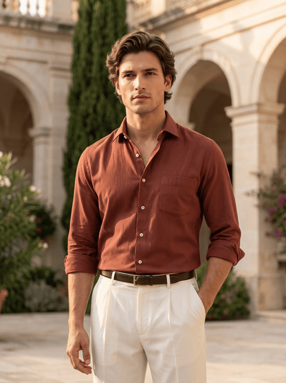 Rustic Red MattMini Textured Cotton Tencel Shirt For Men - Punekar Cotton