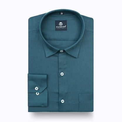 Peacock Blue Softweave Cotton Tencel Textured Shirt For Men