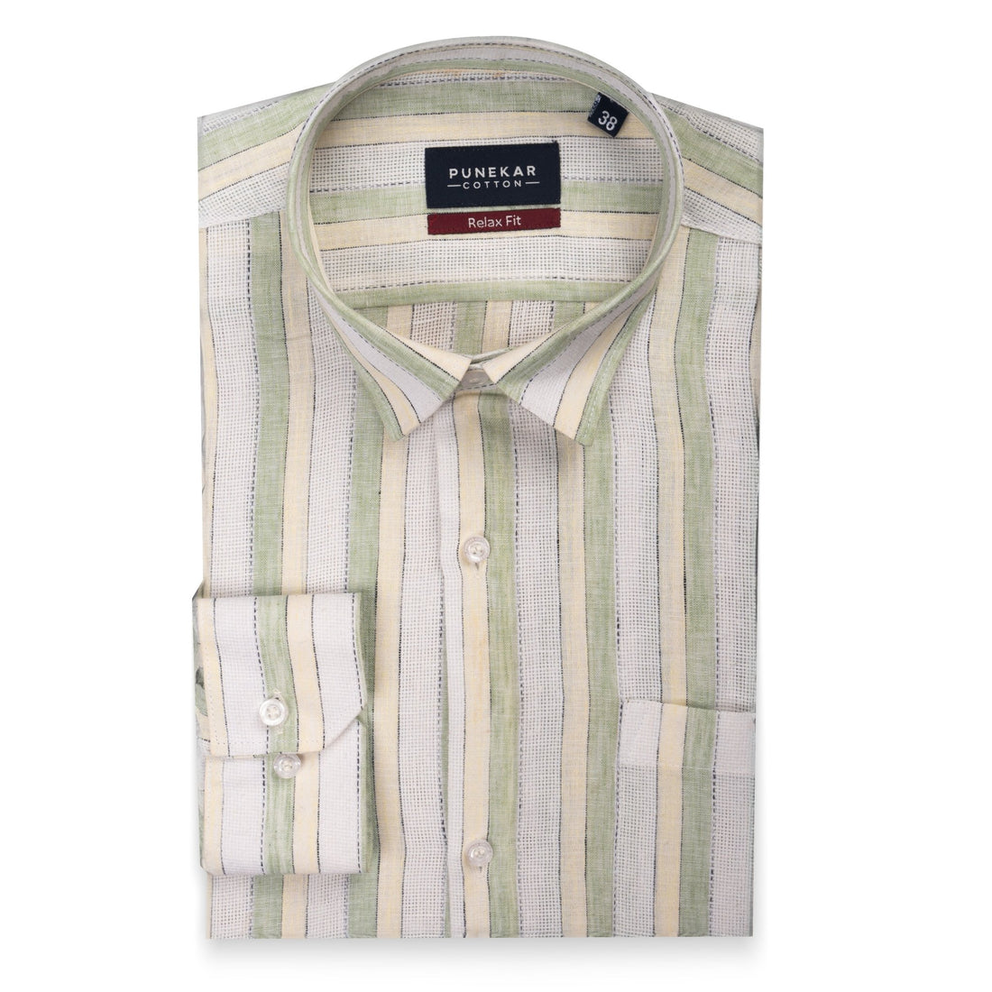 White Green Color Bold Stripe Cotton Shirt For Men - Punekar Cotton