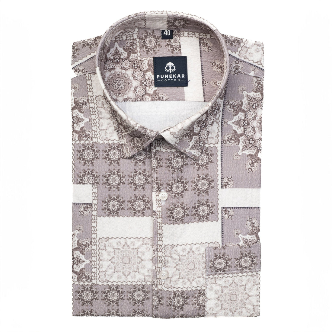 White Grey Color Moroccan Printed Popcorn Shirt For Men - Punekar Cotton