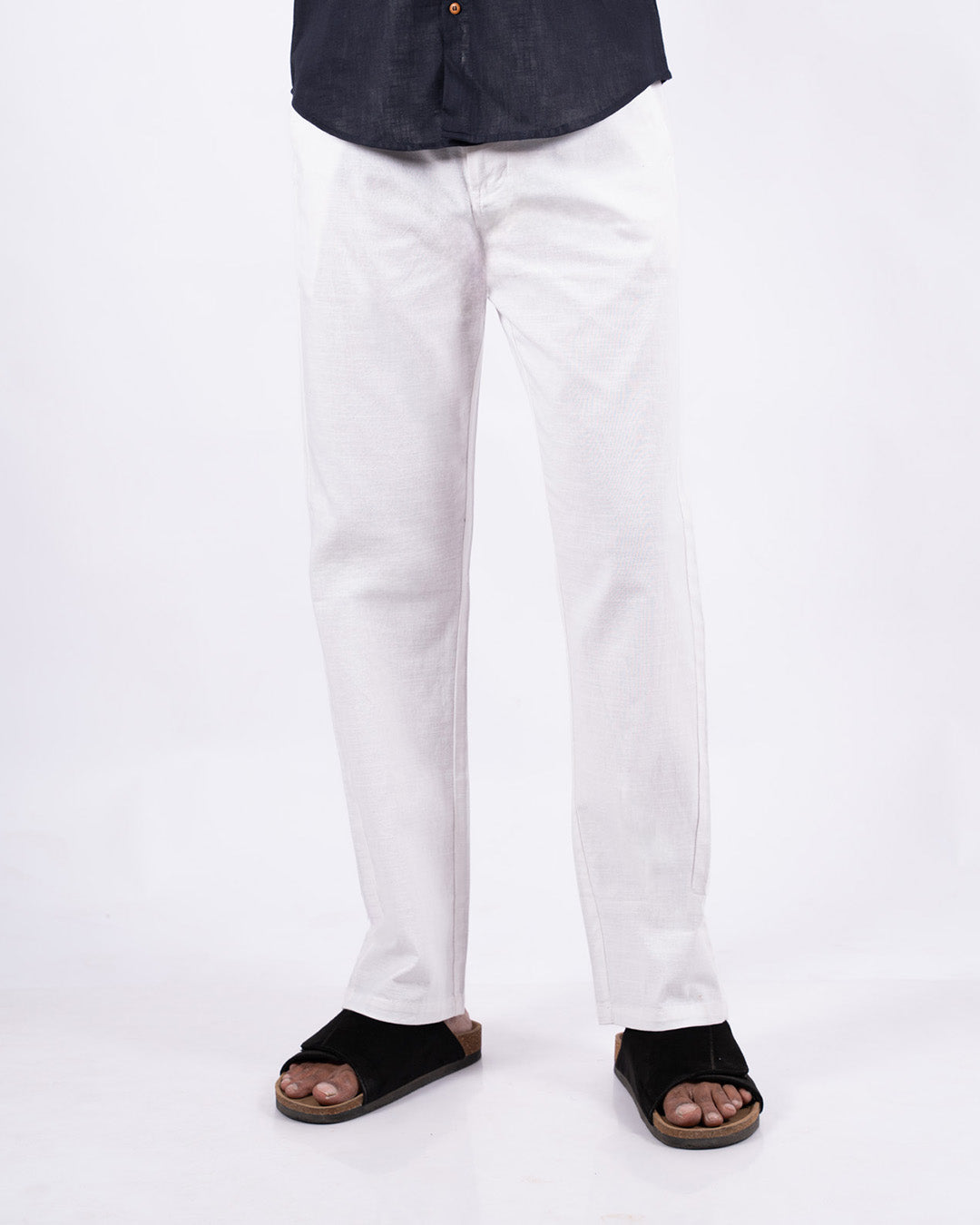 White Everyday Cotton Linen Straight-Fit Pants for Men