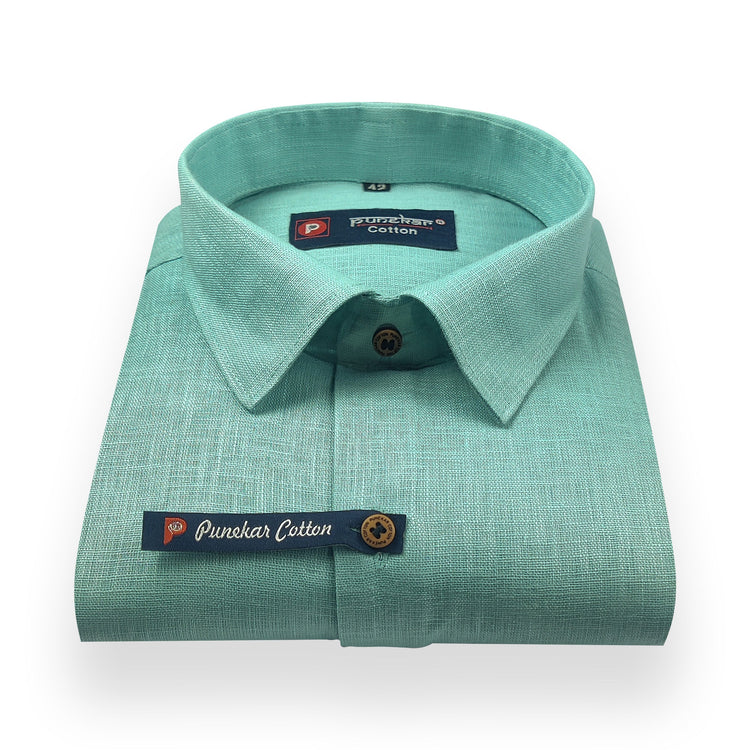 Aqua Green Color Linenza Linen Formal Shirts For Men - Punekar Cotton