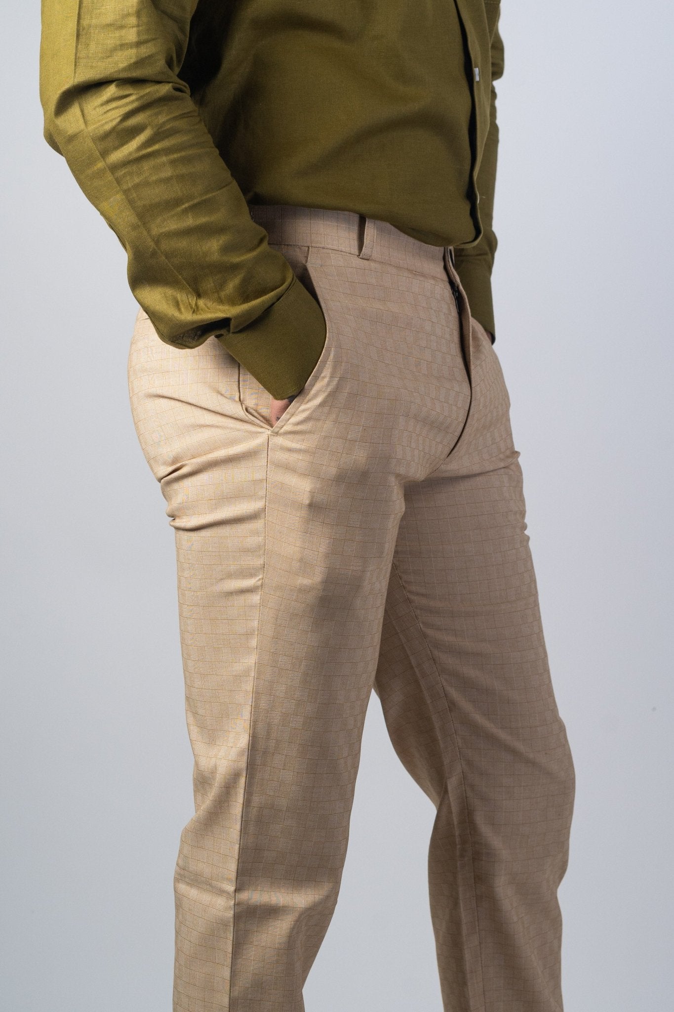 Beige Color Checks Texture Formal Cotton Pant for Men - Punekar Cotton