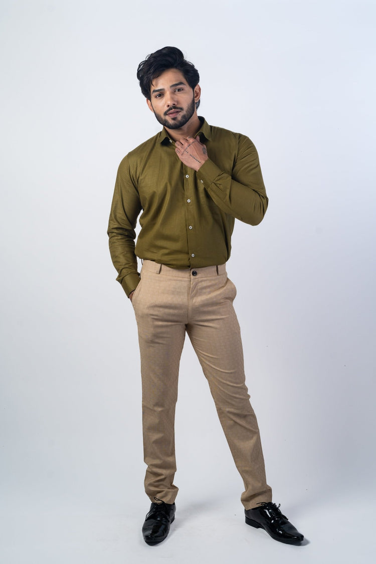 Beige Color Checks Texture Formal Cotton Pant for Men - Punekar Cotton