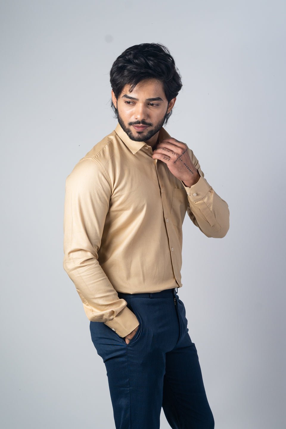 Beige Color Micro Checks Texture Satin Cotton Shirt For Men - Punekar Cotton