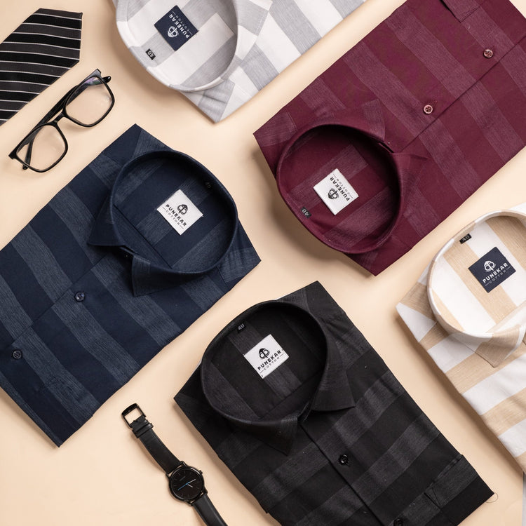 Black Color Cotton Stripe Shirt For Men - Punekar Cotton