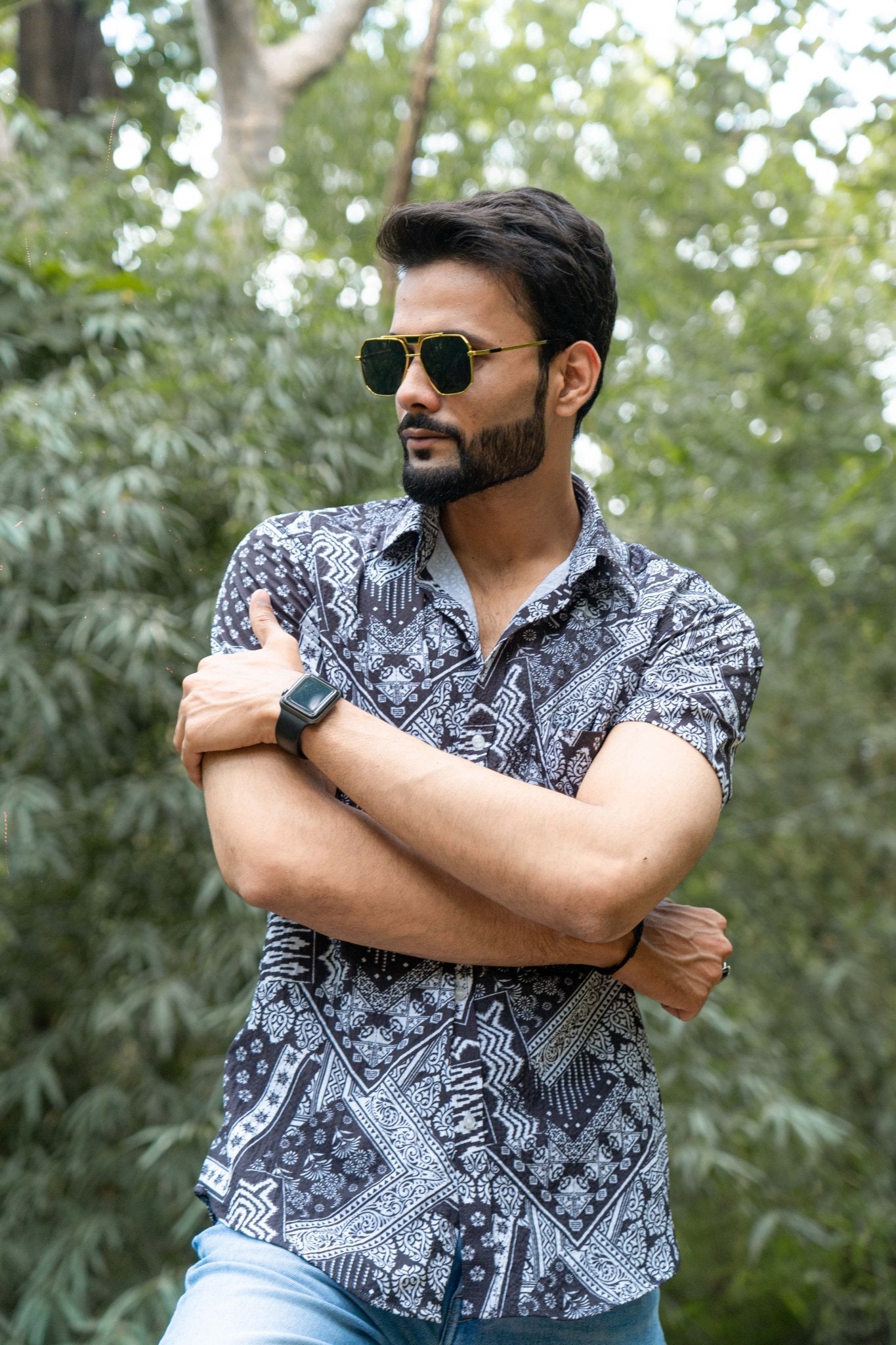 Black Color Popcorn Moroccan Printed Shirt For Men - Punekar Cotton