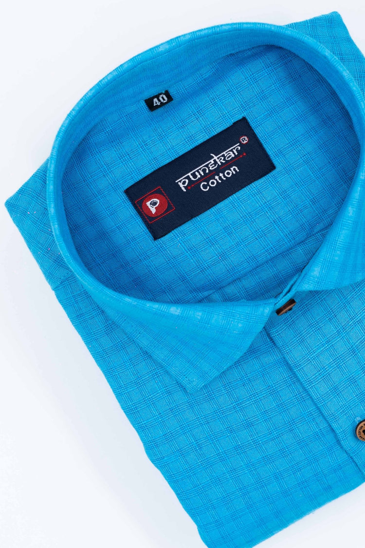 Blue Color Cotton Self Woven Checks Handmade Shirts For Men's - Punekar Cotton