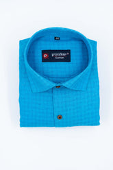 Blue Color Cotton Self Woven Checks Handmade Shirts For Men's - Punekar Cotton