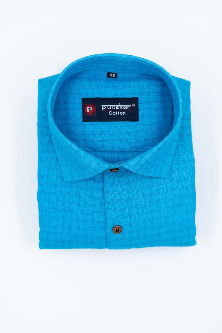 Blue Color Cotton Self Woven Checks Handmade Shirts For Men's - Punekar Cotton