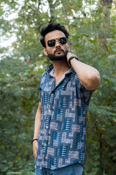 Blue Color Popcorn Moroccan Printed Shirt For Men - Punekar Cotton