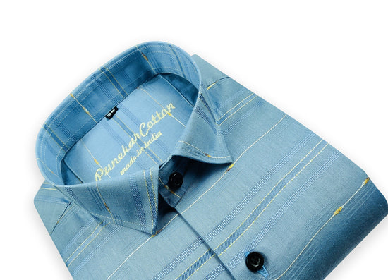 Blue Color Pure Cotton Panelled Butta Stripes Shirts For Men's - Punekar Cotton