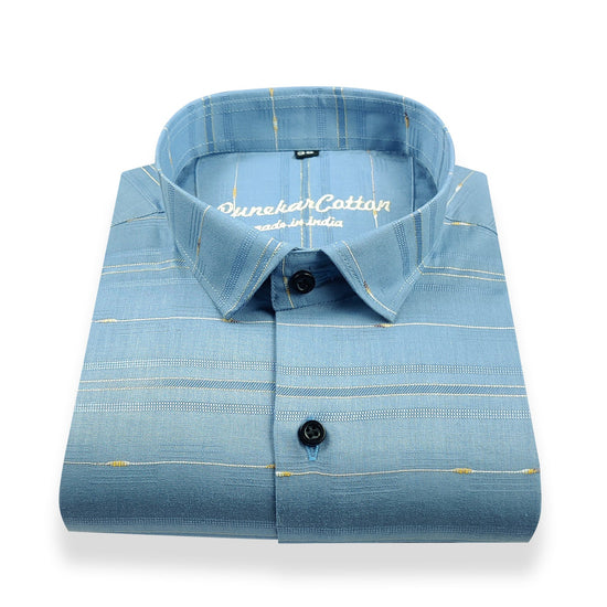 Blue Color Pure Cotton Panelled Butta Stripes Shirts For Men's - Punekar Cotton