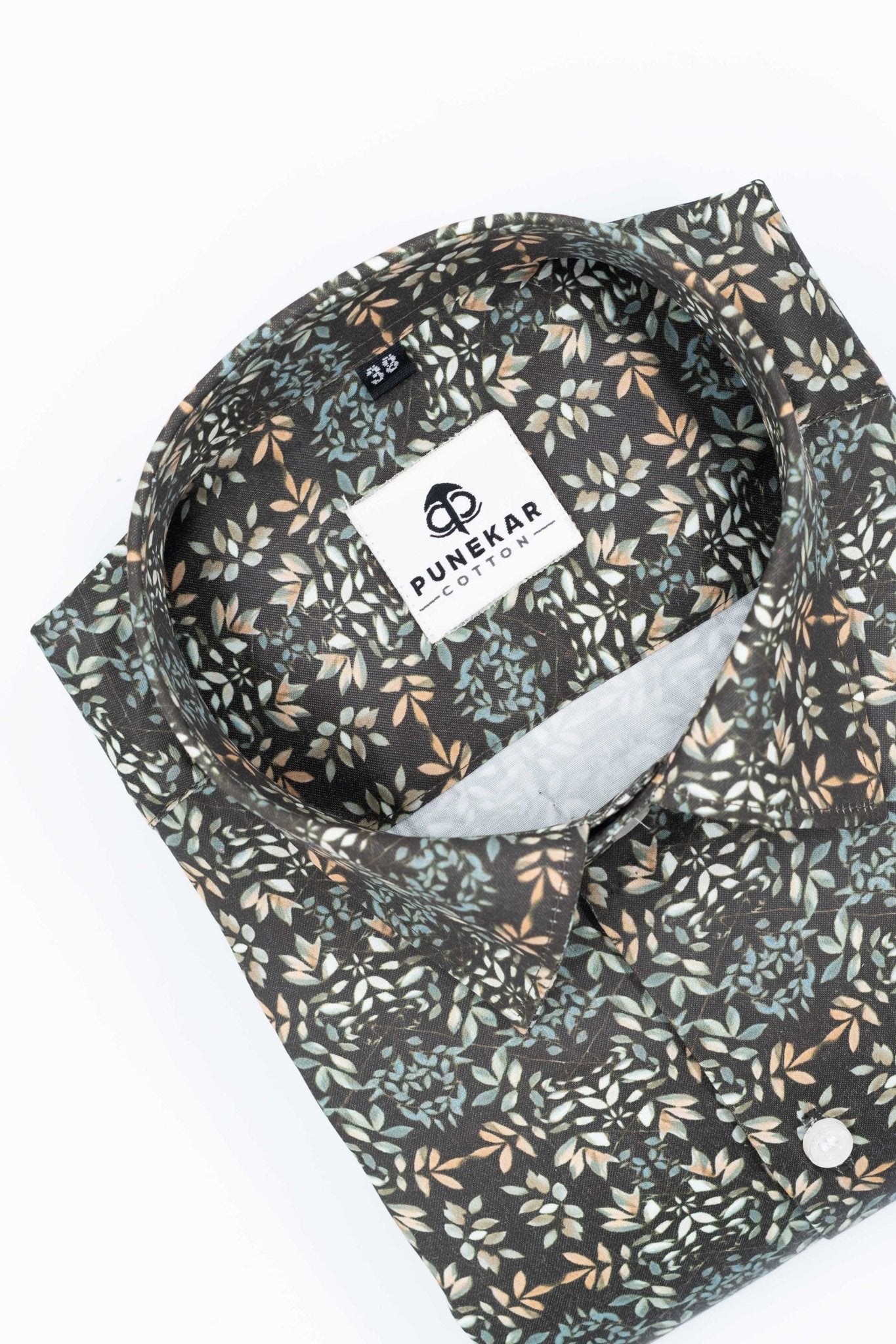 Brown Black Color Leaf Printed Shirt For Men - Punekar Cotton