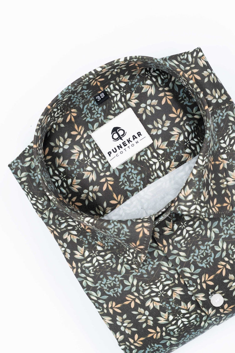 Brown Black Color Leaf Printed Shirt For Men - Punekar Cotton