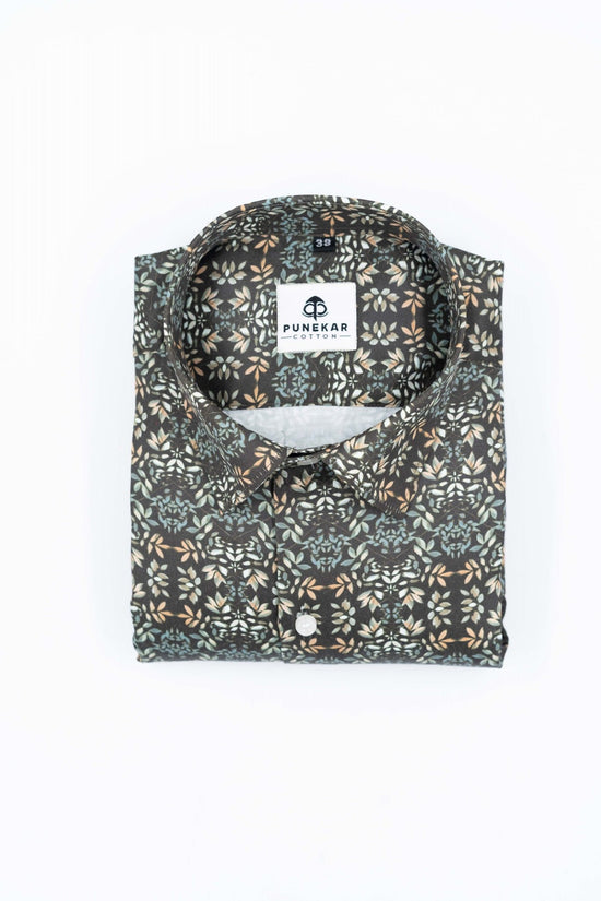 Brown Black Color Leaf Printed Shirt For Men - Punekar Cotton