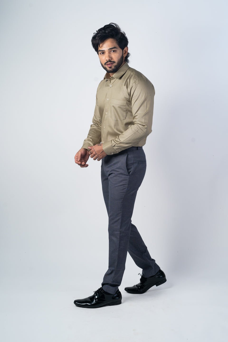 Camel Color Micro Checks Texture Satin Cotton Shirt For Men - Punekar Cotton
