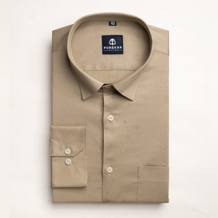 Camel Color Micro Checks Texture Satin Cotton Shirt For Men - Punekar Cotton