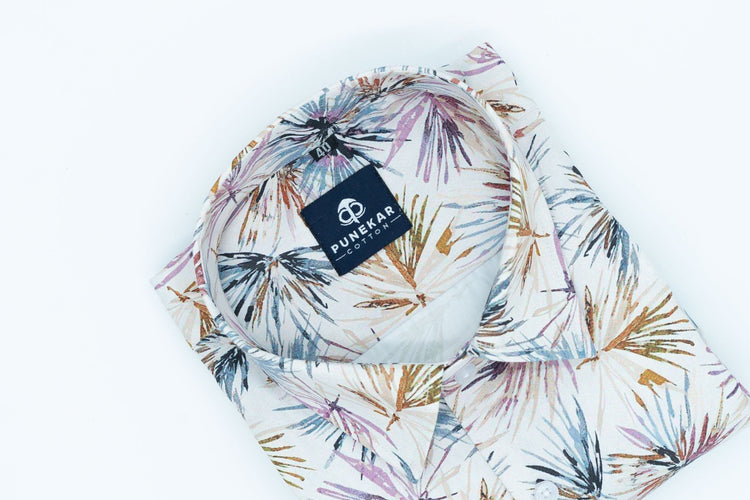 Cream Color Leaf Flower Printed Shirt For Men - Punekar Cotton