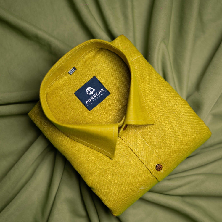 Dark Yellow Color Blended Linen Shirt For Men's - Punekar Cotton