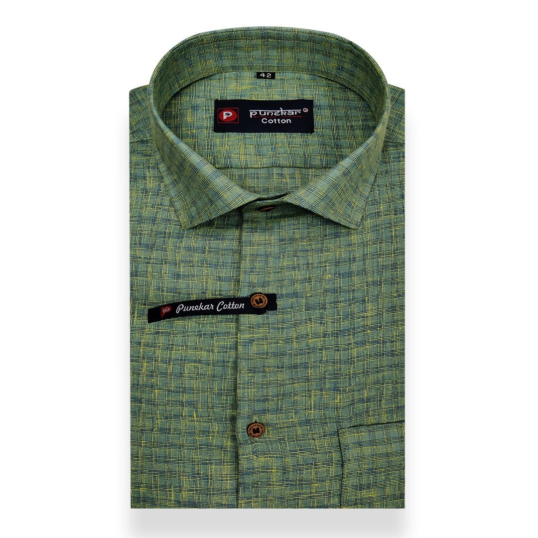 Green Color Cotton Self Woven Checks Handmade Shirts For Men&