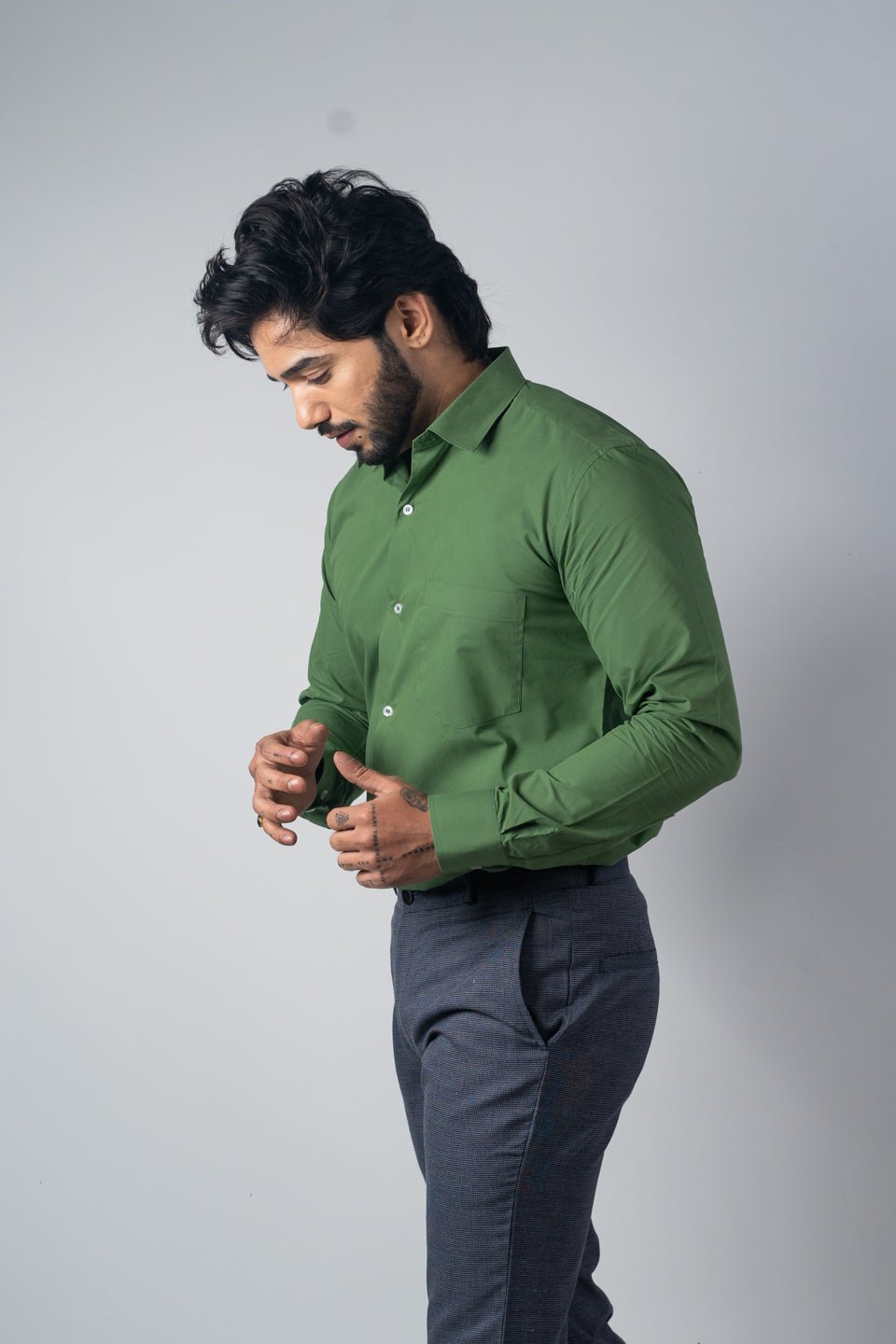 Green Color Lycra Twill Cotton Shirt For Men - Punekar Cotton