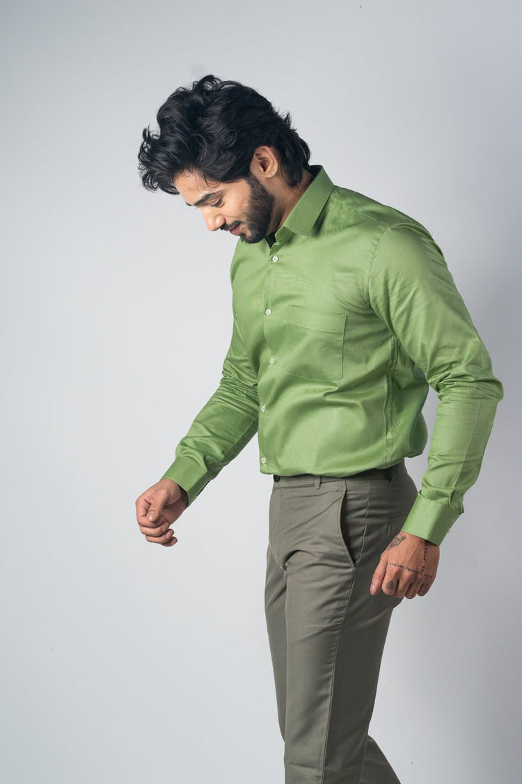 Green Color Micro Checks Texture Satin Cotton Shirt For Men - Punekar Cotton