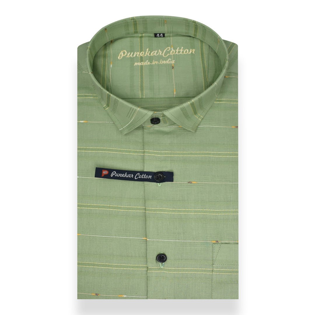 Green Color Pure Cotton Panelled Butta Stripes Shirts For Men&