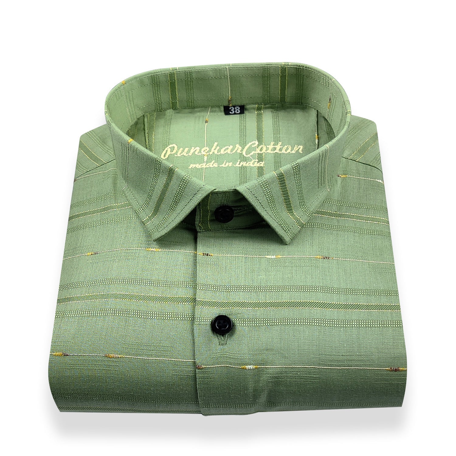 Green Color Pure Cotton Panelled Butta Stripes Shirts For Men's - Punekar Cotton