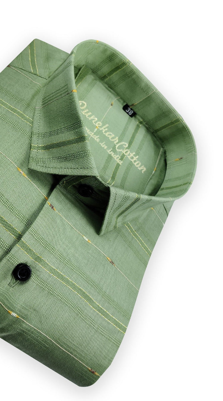 Green Color Pure Cotton Panelled Butta Stripes Shirts For Men's - Punekar Cotton