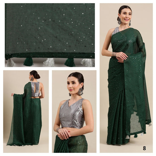 Green Color Sequence Silk Border Cotton Blend Saree. - Punekar Cotton