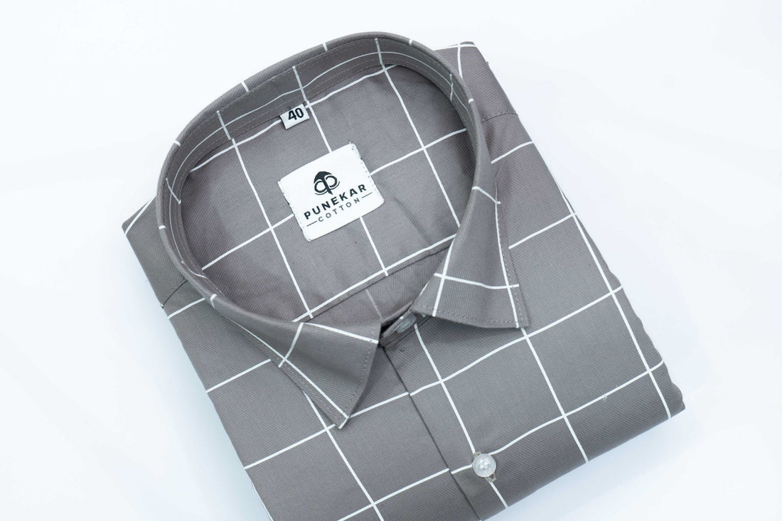 Grey Color Big Checks Cotton Shirts For Men - Punekar Cotton