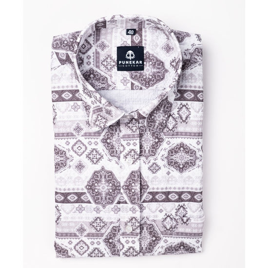 Grey Color Popcorn Moroccan Printed Shirt For Men - Punekar Cotton