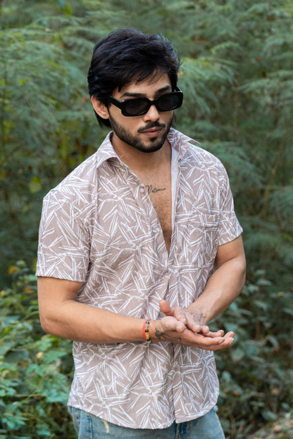 Light Brown Color Popcorn Printed Shirt For Men - Punekar Cotton