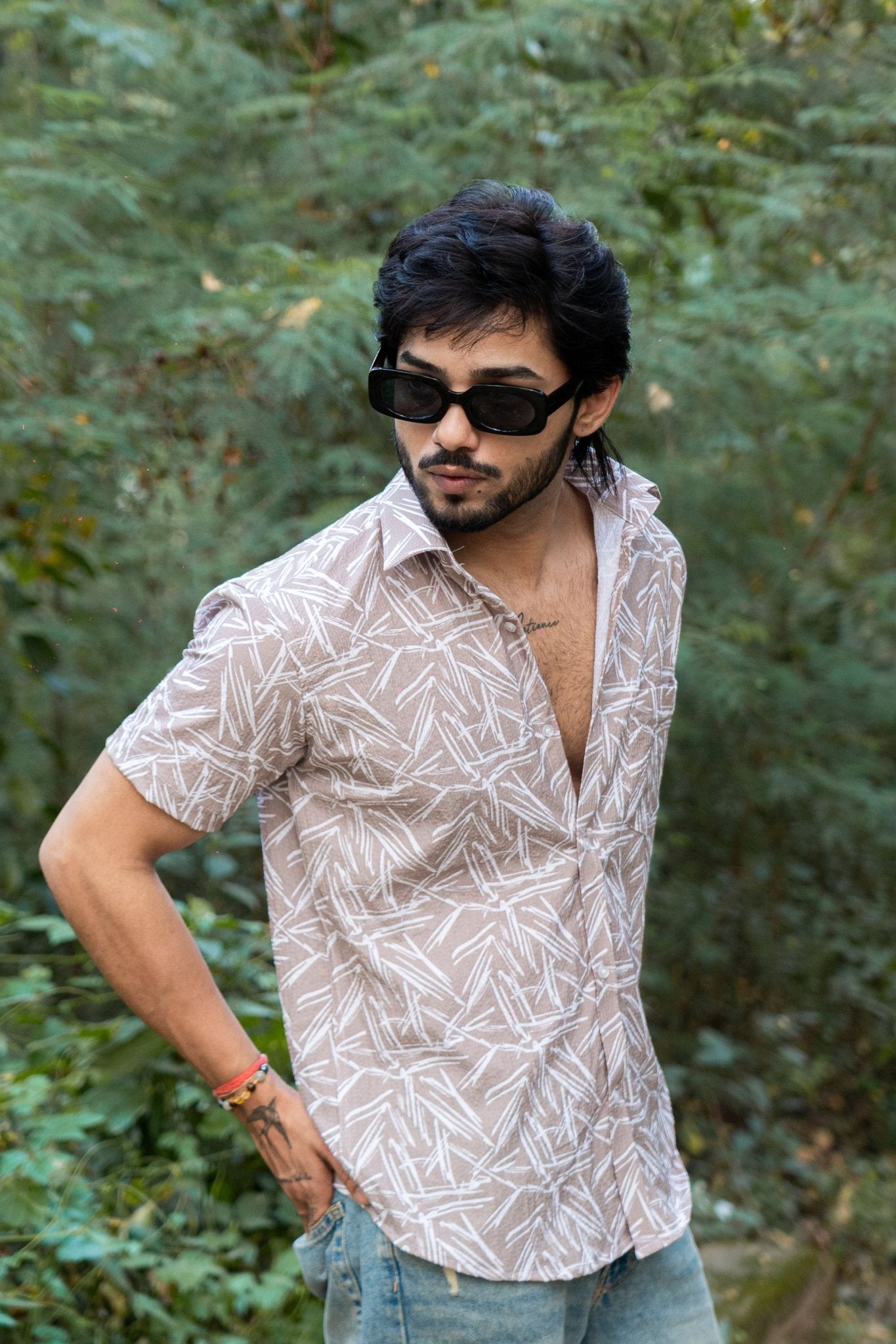 Light Brown Color Popcorn Printed Shirt For Men - Punekar Cotton