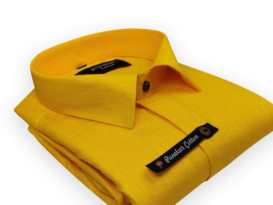 Mustard Yellow Color Linenza Linen Formal Shirts For Men - Punekar Cotton