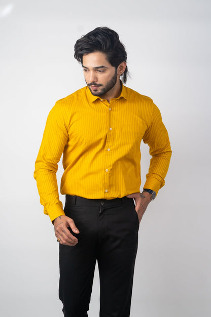 Mustard yellow Color vertical Cotton stripe Shirt For Men - Punekar Cotton