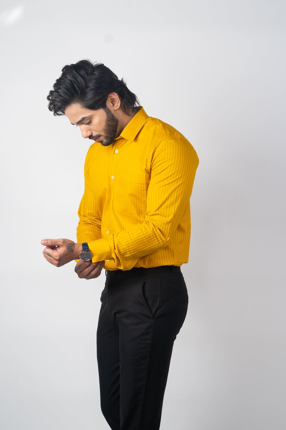 Mustard yellow Color vertical Cotton stripe Shirt For Men - Punekar Cotton