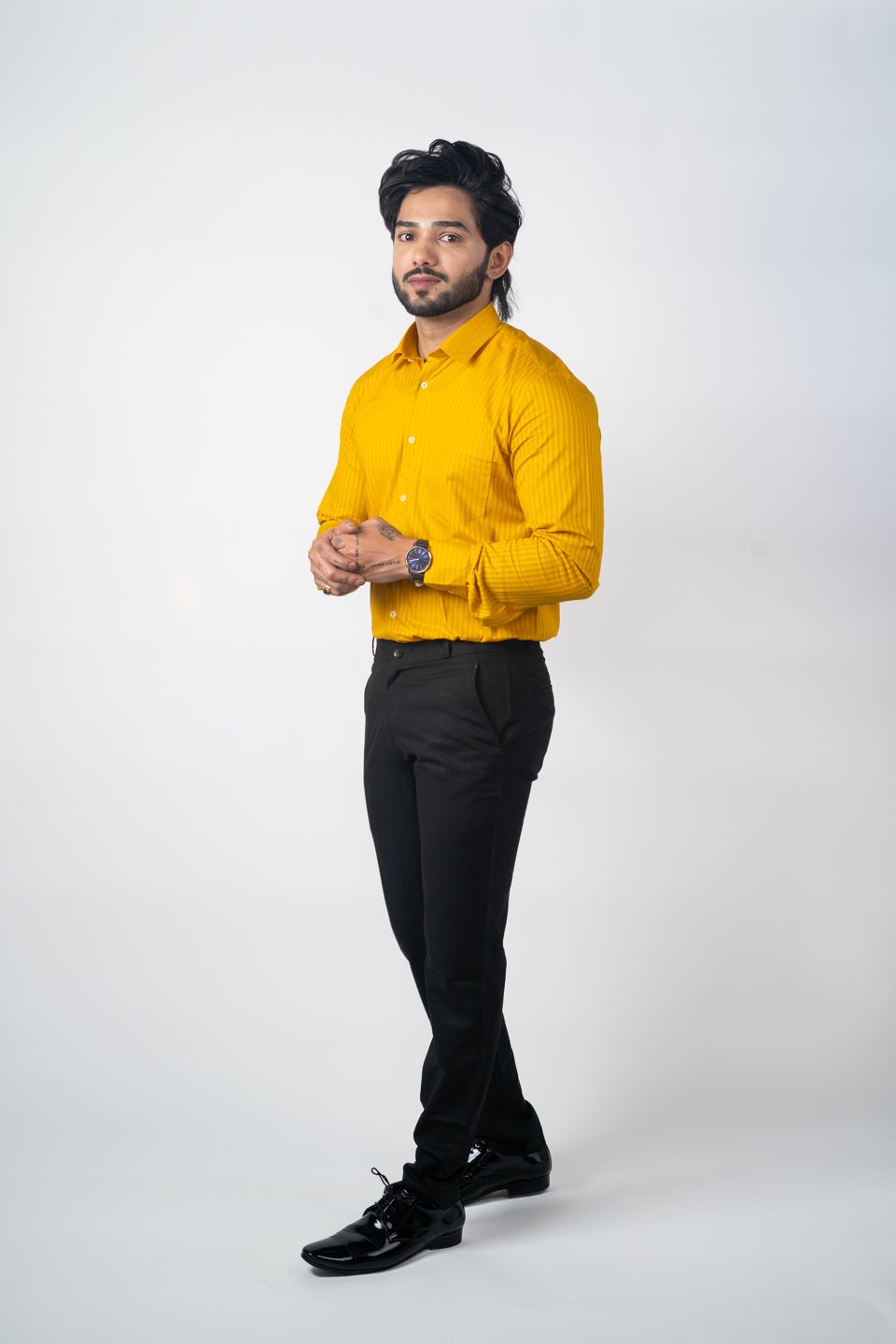 Mustard yellow Color vertical Cotton stripe Shirt For Men - Punekar Cotton