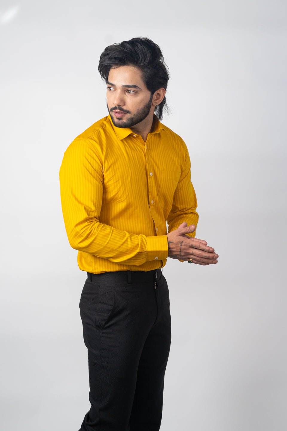 Mustard yellow Color vertical Cotton stripe Shirt For Men - Punekar Cotton