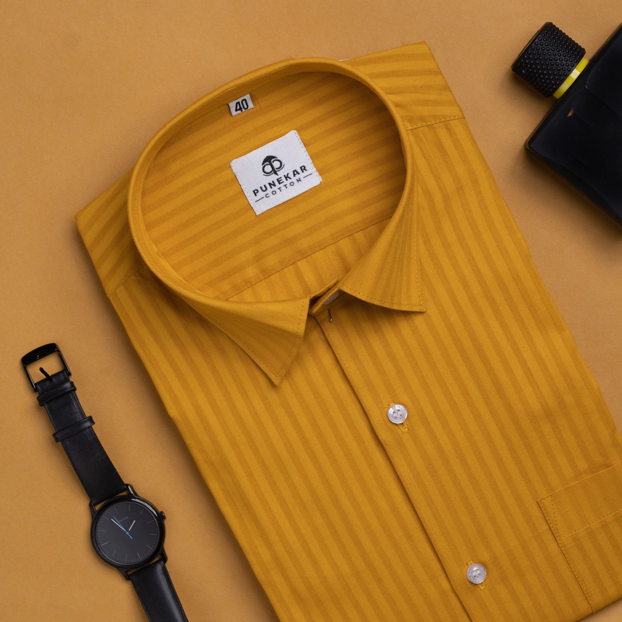 Mustard yellow Color vertical Cotton stripe Shirt For Men - Punekar Cotton